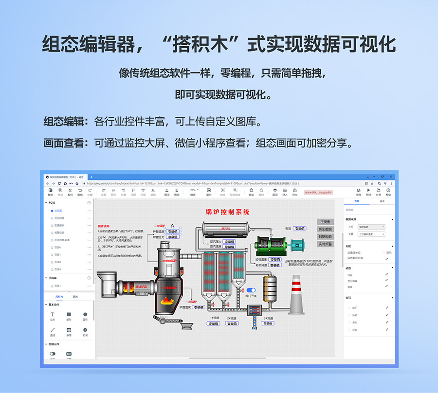低成本PLC云網(wǎng)關(guān)：組態(tài)編輯器，“搭積木”式實現(xiàn)數(shù)據(jù)可視化